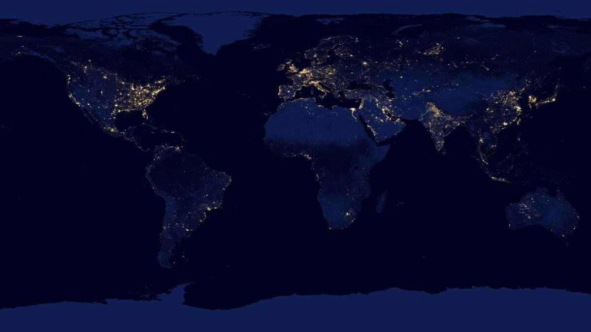 A NASA satellite image of the world's night lights conveys economic information about developed and developing countries.