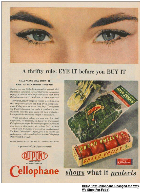 self-service shopping for groceries because of cellophane