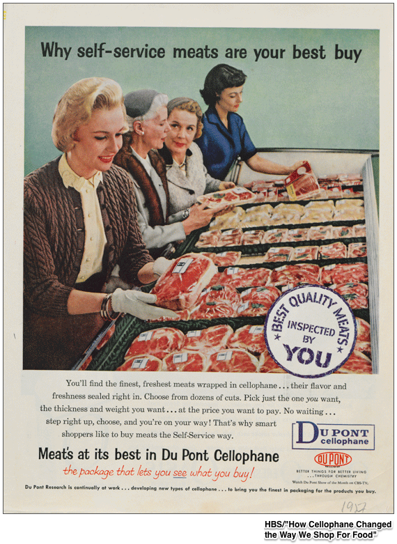 self-service shopping for groceries because of cellophane
