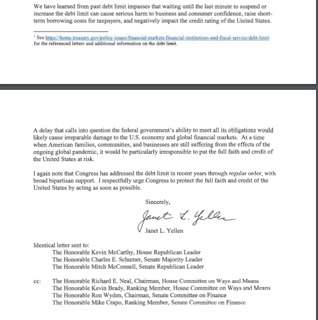 debt ceiling letter