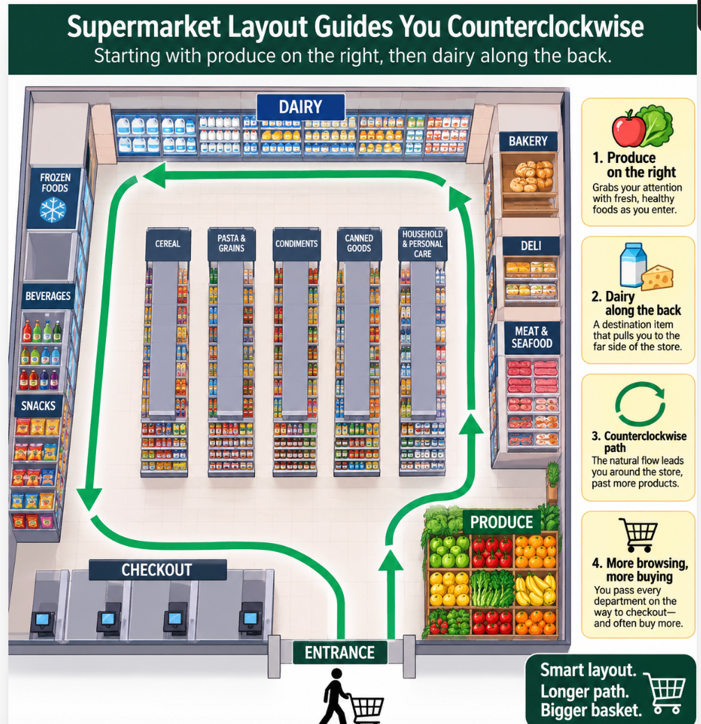 supermarkets' counterclockwise design
